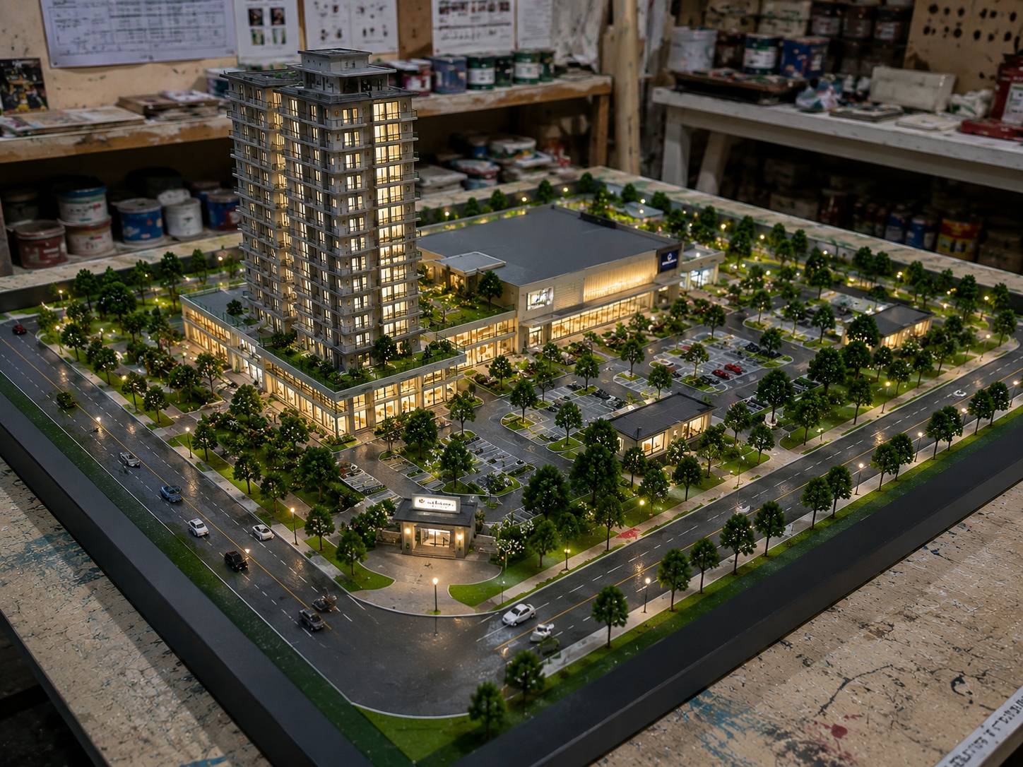 Jasa Maket gedung bertingkat modern dengan detail arsitektur