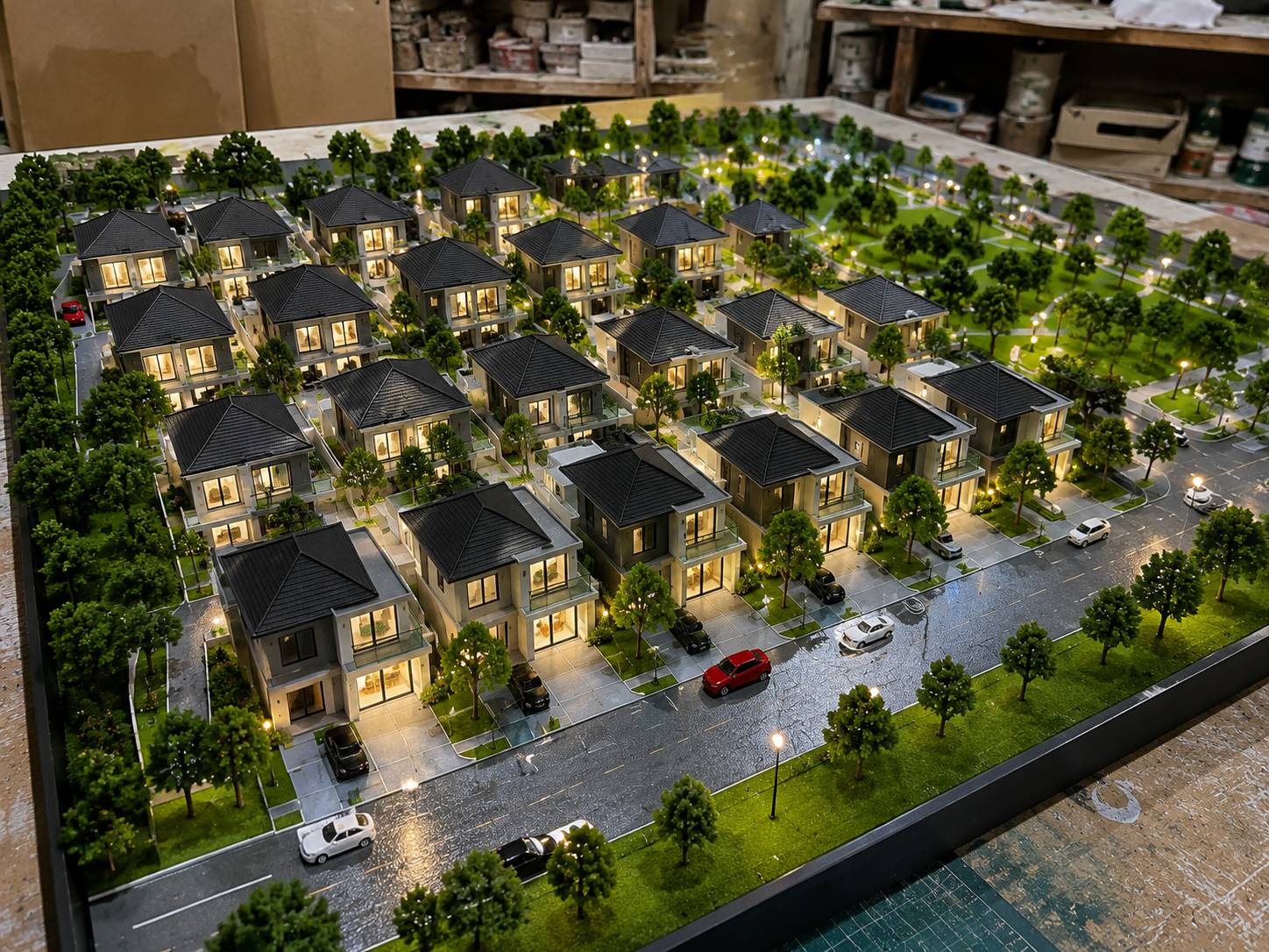 Jasa Maket perumahan modern dengan detail rumah dan landscape