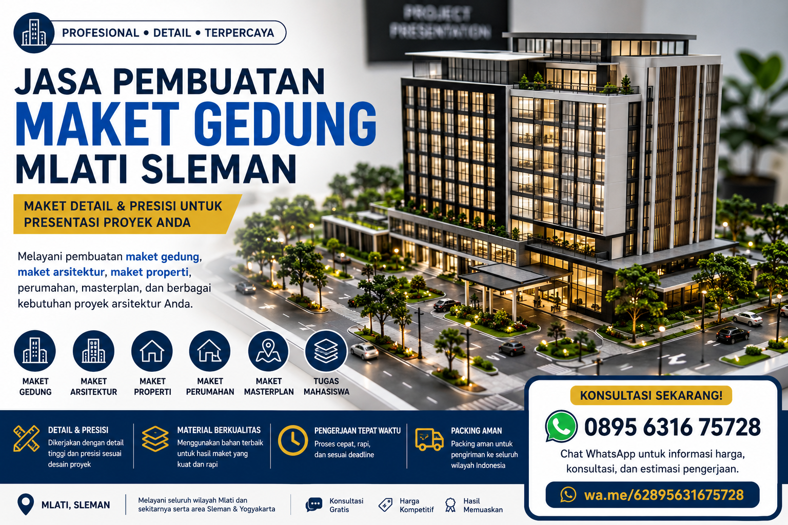 Jasa pembuatan maket gedung Mlati Sleman untuk proyek arsitektur dan properti